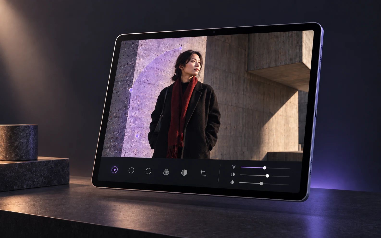An iPad showing local mask control for the portrait