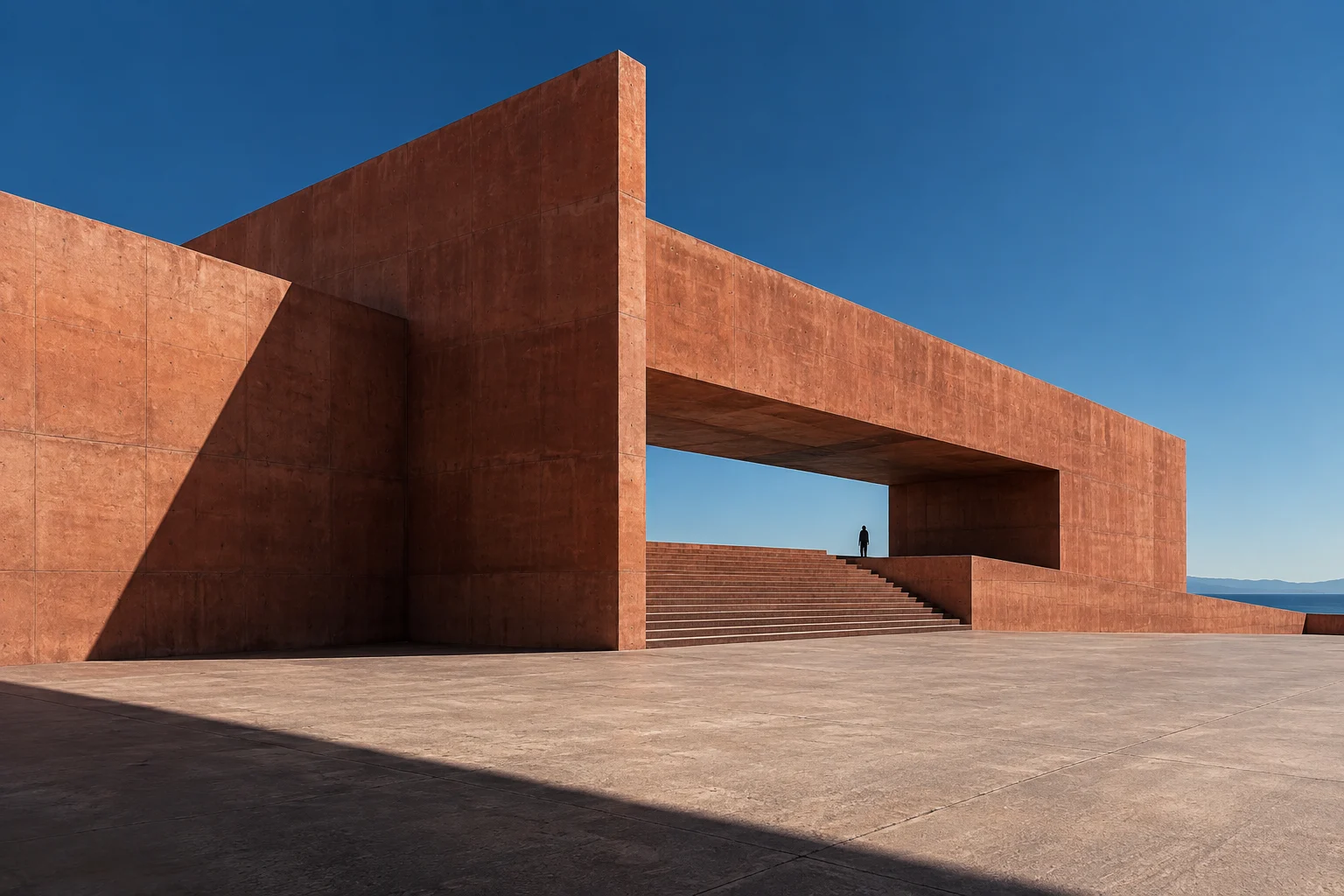 Geometric photograph of red architecture under a blue sky