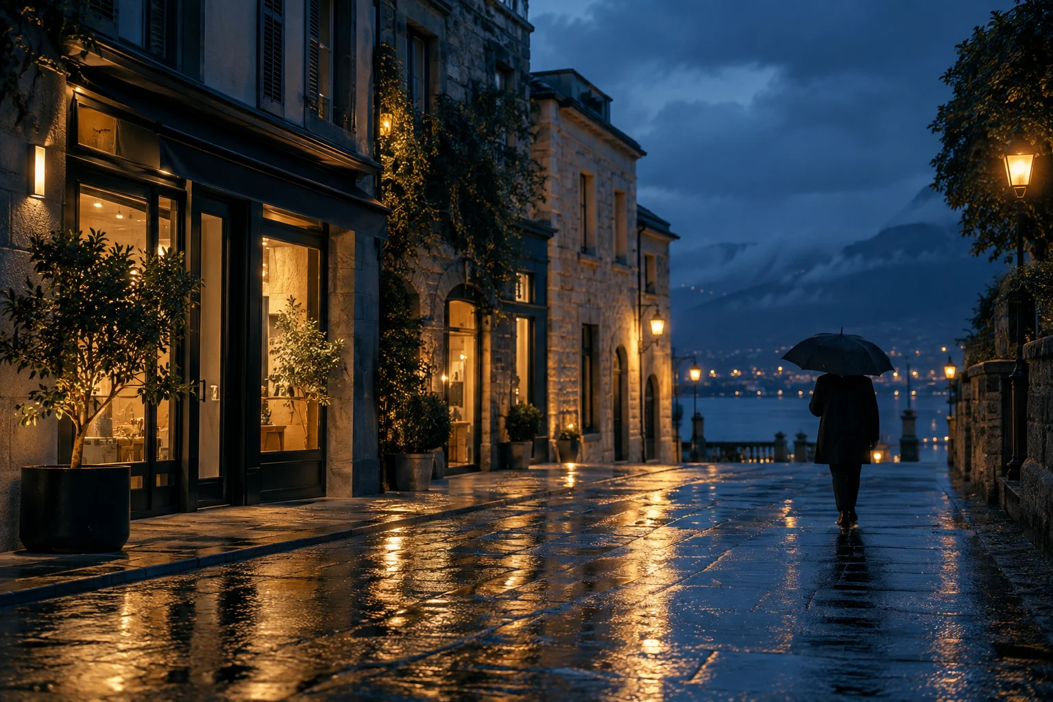 Blue-hour rainy street with a distant pedestrian holding an umbrella