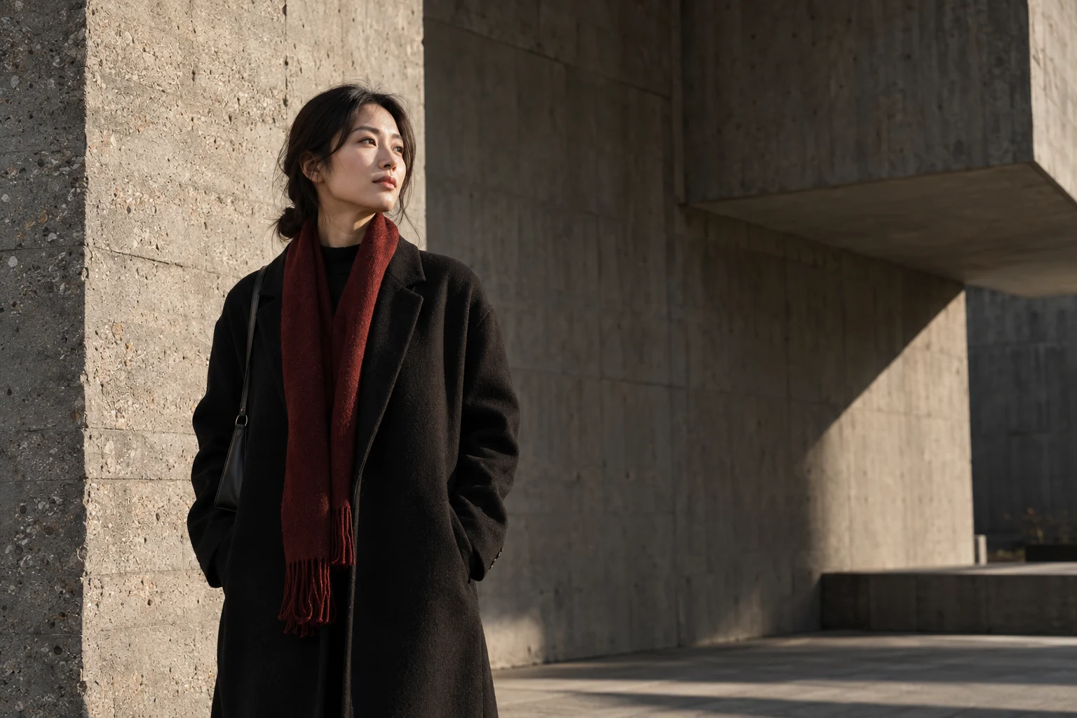 Portrait beside concrete architecture in angled sunlight