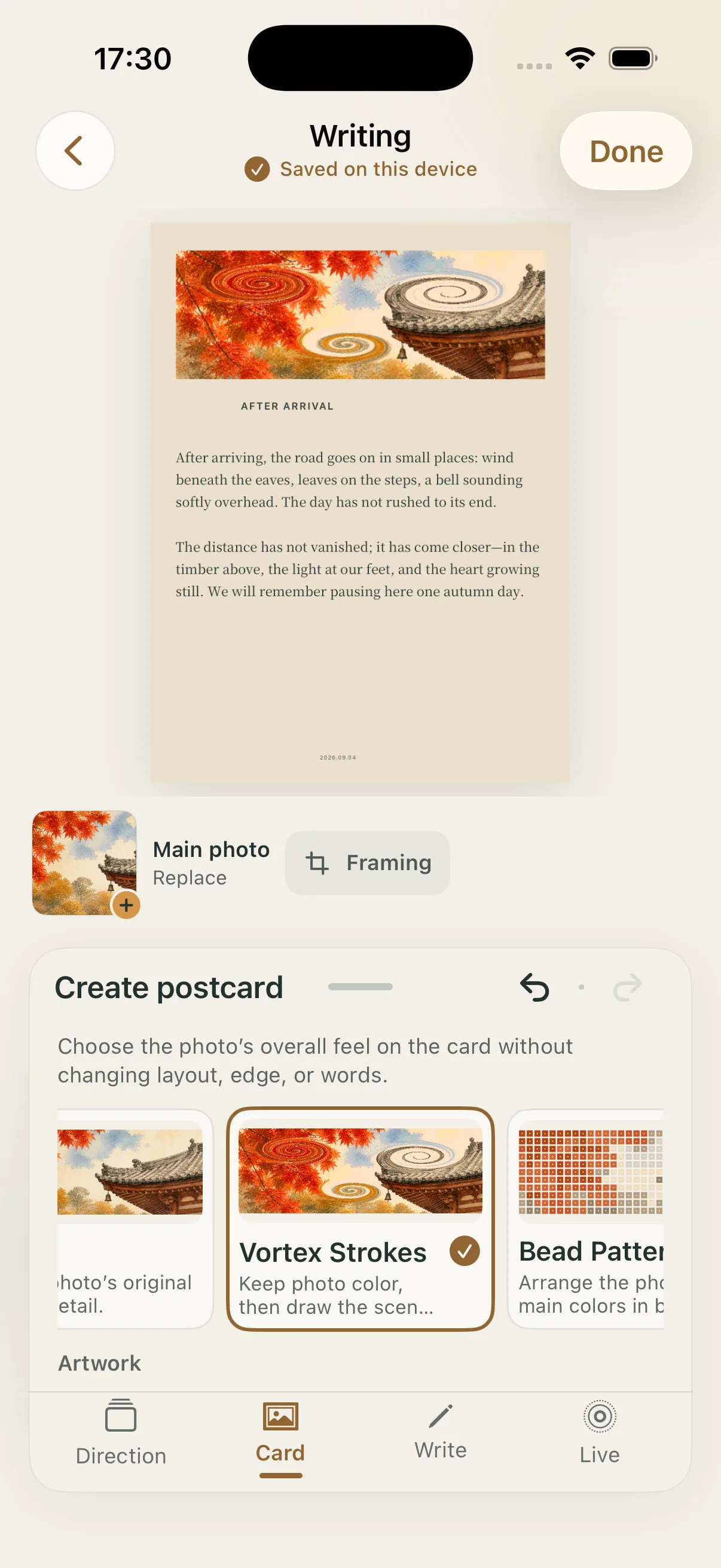 Postcard image-mood choices for a finished postcard