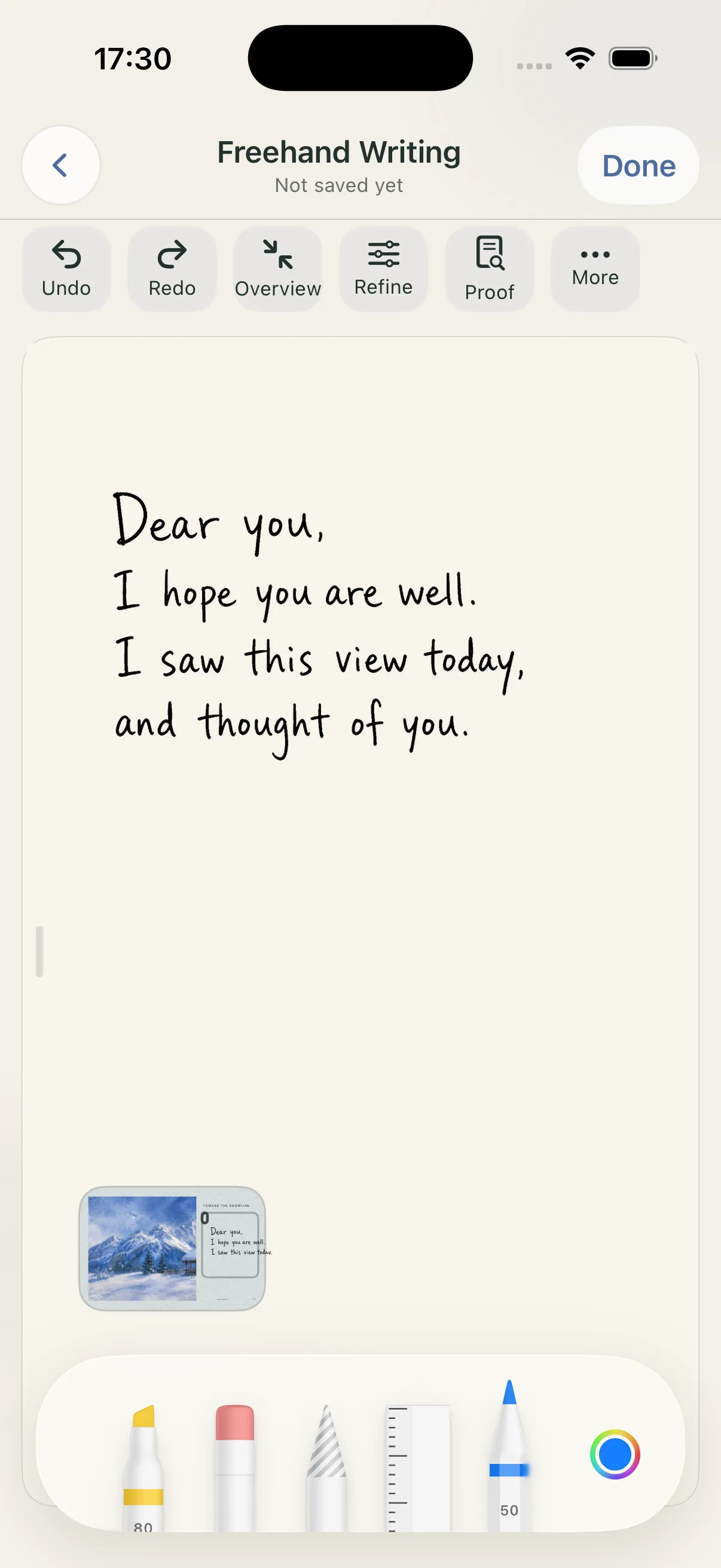 The Postcard focused writing page with a handwritten message