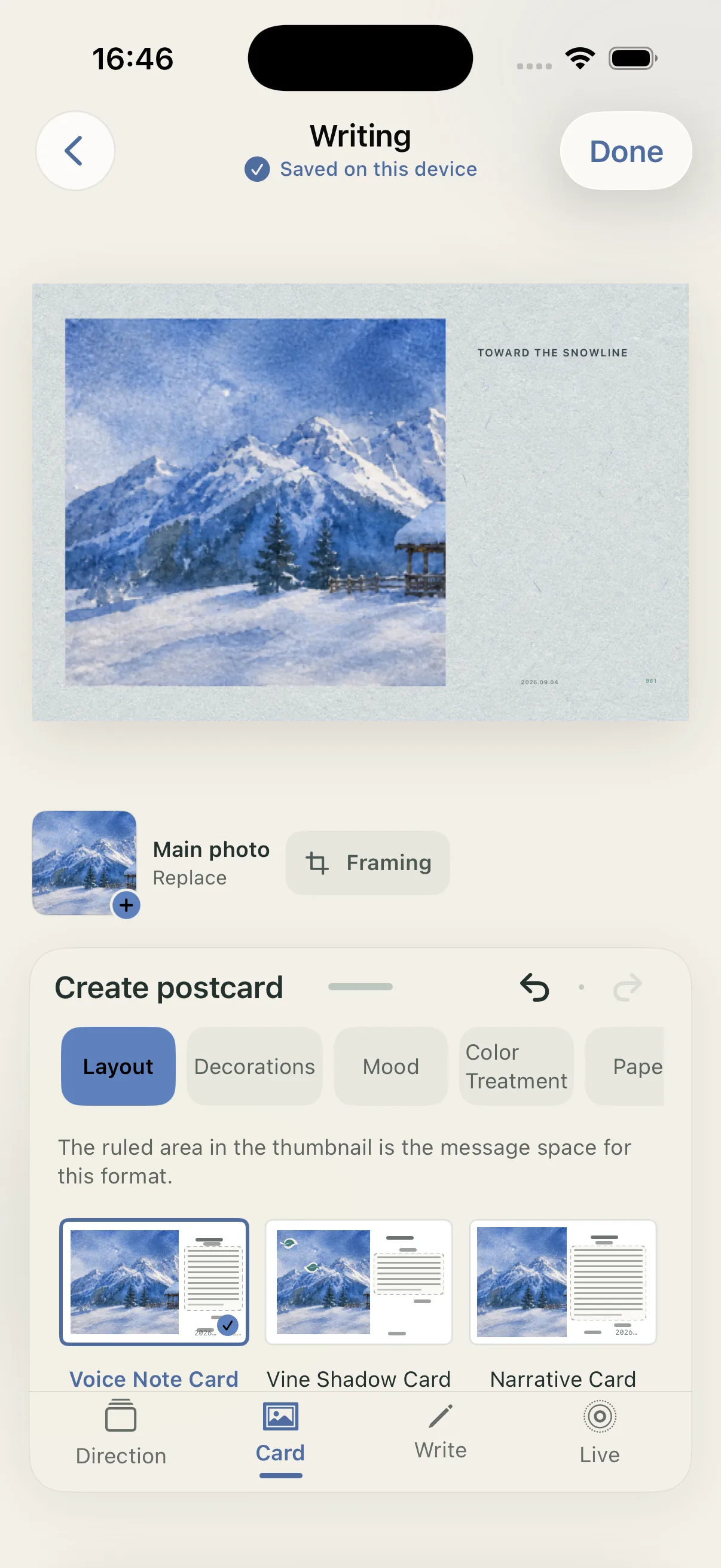 The Postcard layout selection screen