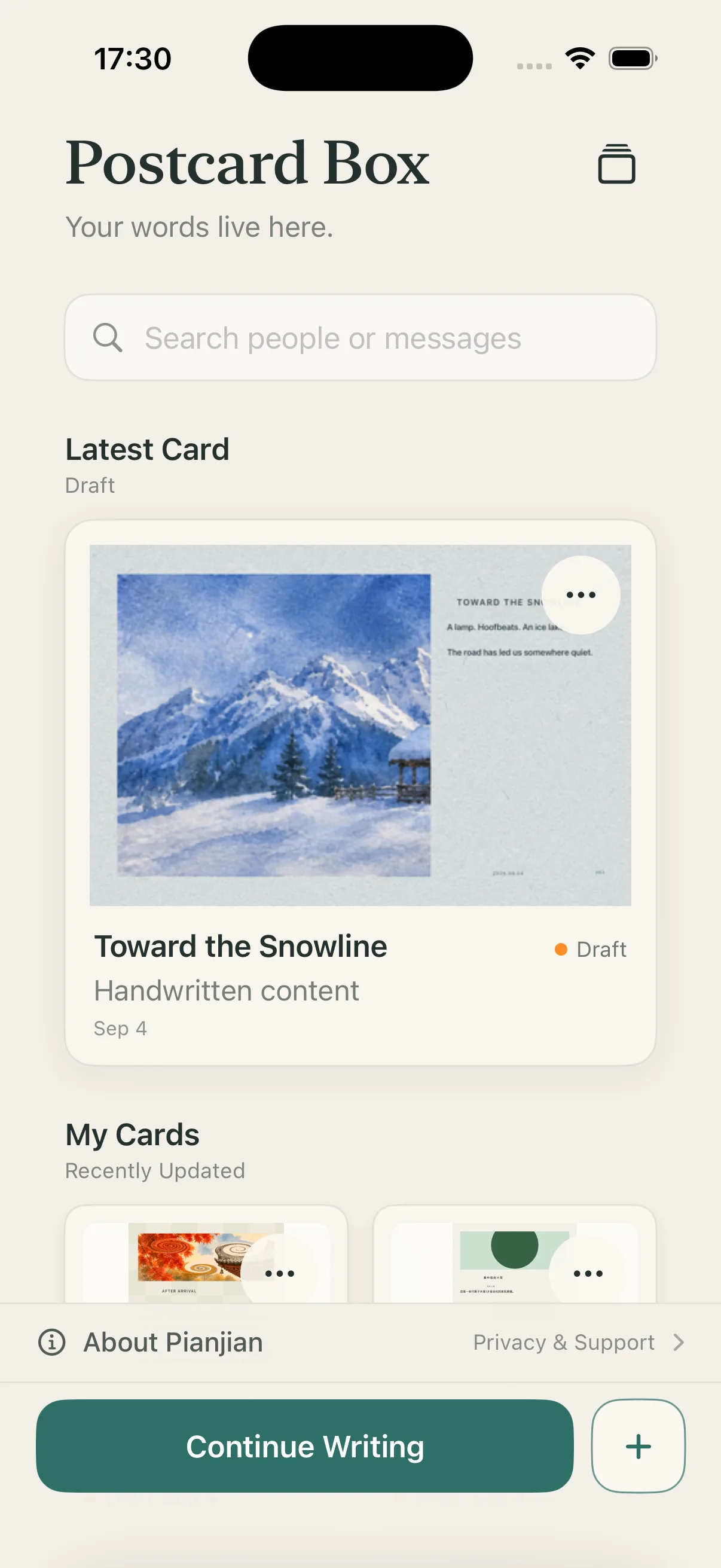 The Postcard postcard box showing saved cards