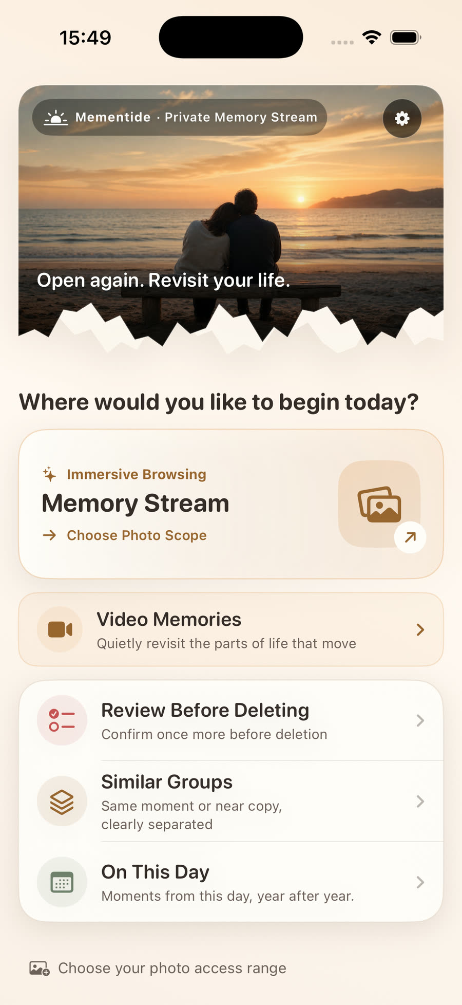 Mementide home with Memory Stream, Review Before Deleting, Similar Groups, and On This Day