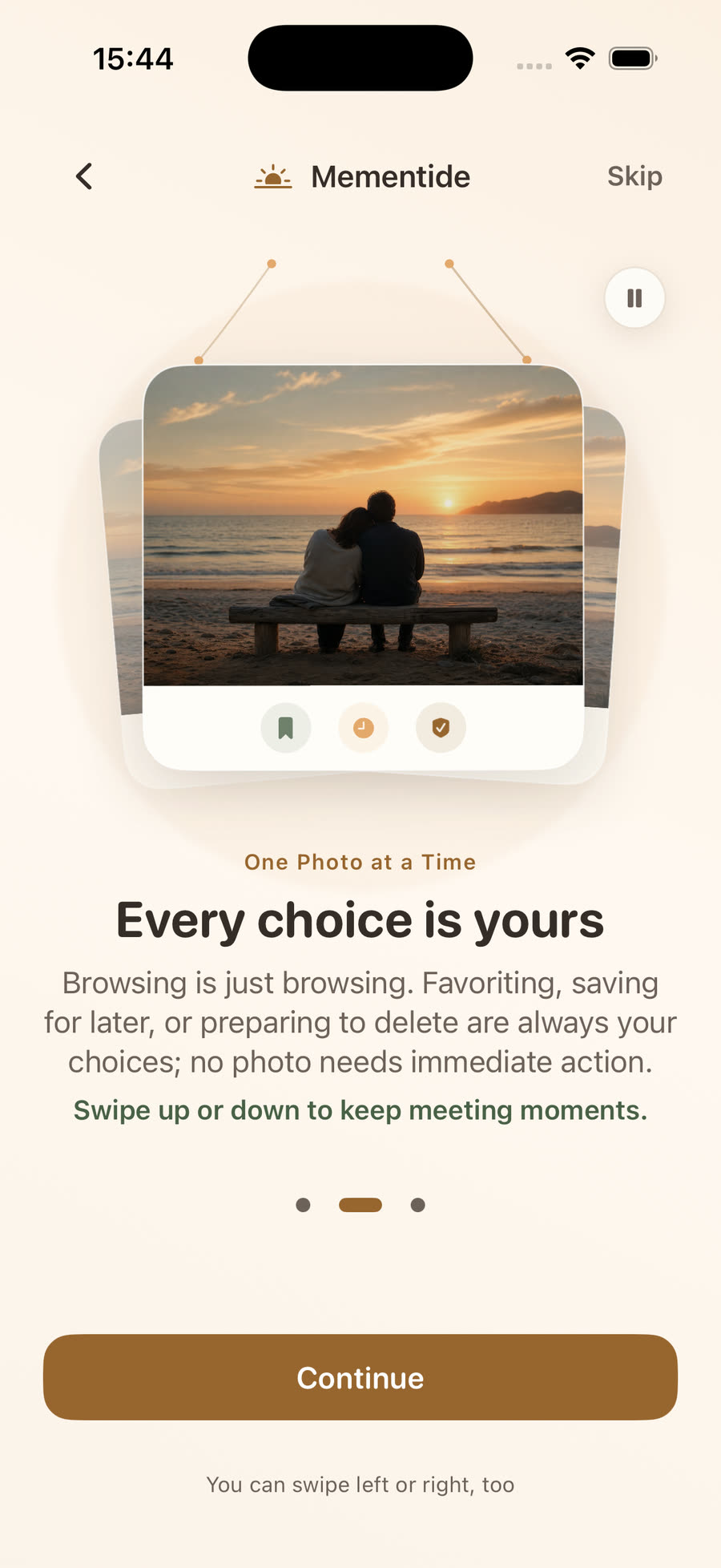 Mementide onboarding explains that browsing does not make a decision